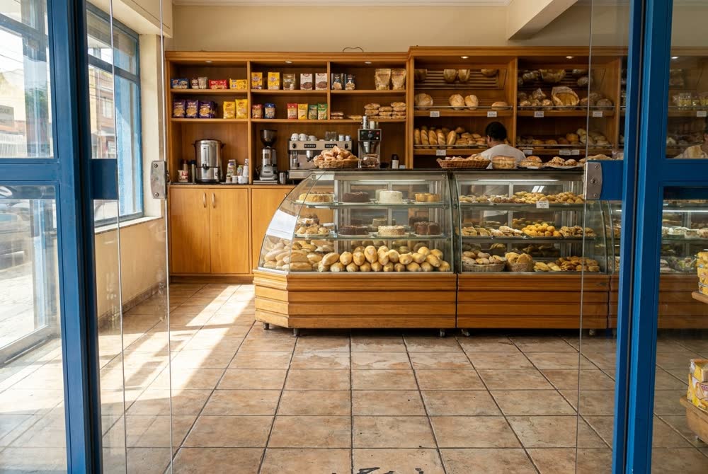 Exemplo gerado por computador: vista de dentro da padaria, a um passo da porta, com a moldura de vidro nas laterais e o balcão de pães ao centro.