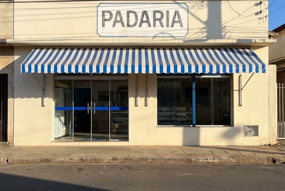 Exemplo gerado por computador: fachada de uma padaria fotografada da calçada oposta, de frente, com o toldo listrado azul e o letreiro inteiros no quadro.