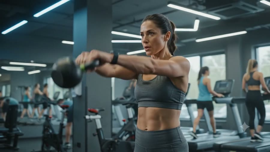 Mulher treinando com um kettlebell numa academia, com esteiras e outros alunos ao fundo.