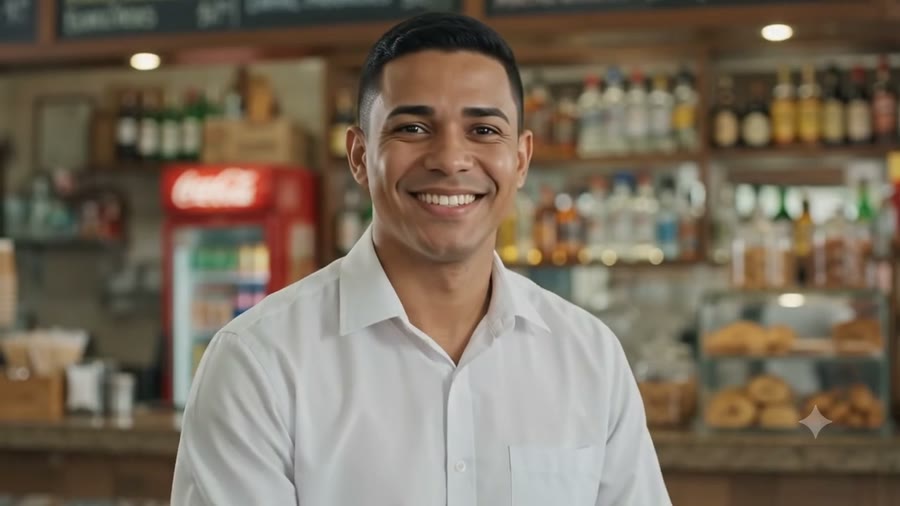 Atendente sorrindo atrás do balcão de um bar, com as prateleiras de bebidas e o balcão de salgados ao fundo.