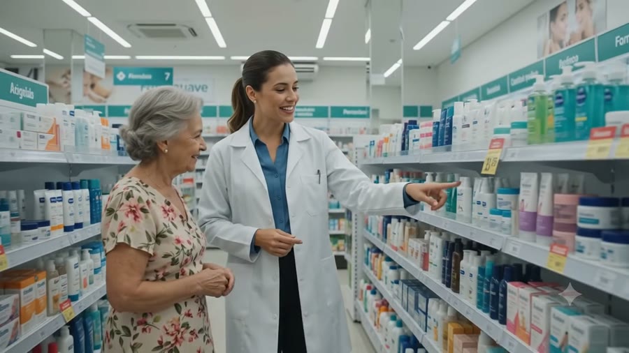 Atendente de jaleco branco indicando um produto na prateleira para uma cliente idosa dentro de uma farmácia.
