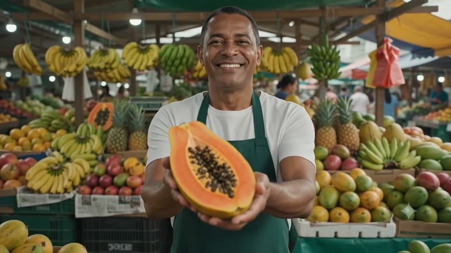 Feirante de avental verde sorrindo com um mamão cortado ao meio na mão, cercado de bananas, abacaxis e mangas.