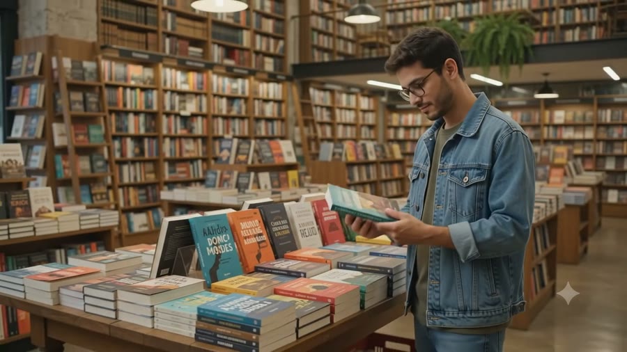 Cliente de jaqueta jeans folheando um livro na mesa de lançamentos de uma livraria, com estantes cheias ao fundo.