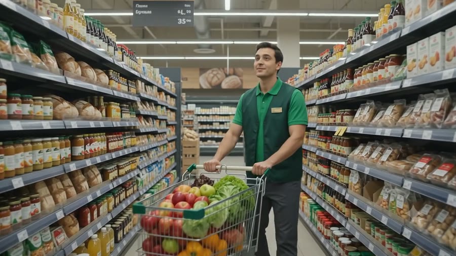 Funcionário de camisa verde empurrando um carrinho com frutas e verduras pelo corredor abastecido de um mercado.