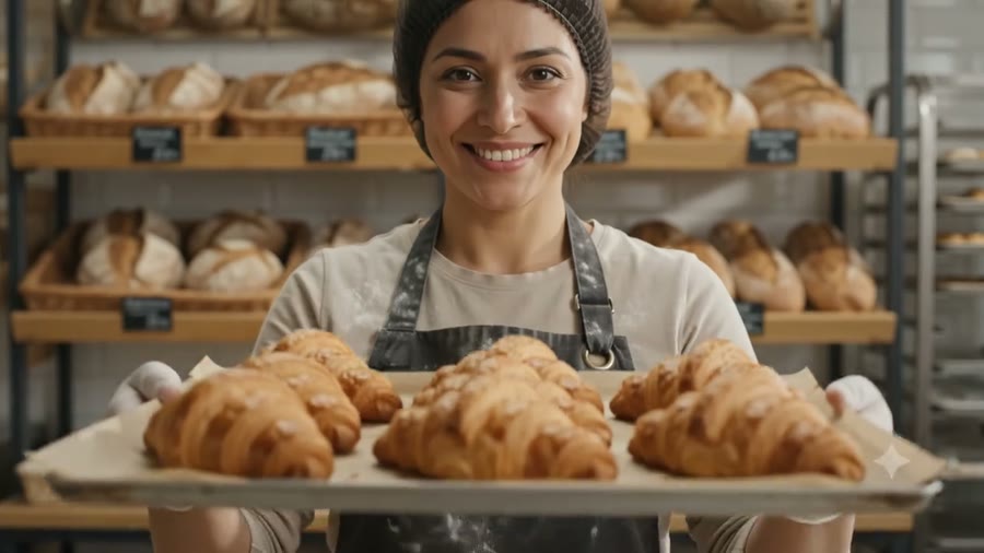 Padeira de touca e avental segurando uma bandeja de croissants em frente às prateleiras de pães.