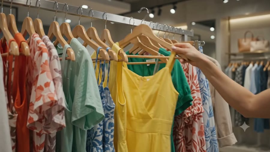 Mão escolhendo uma peça numa arara de roupas coloridas em cabides de madeira dentro de uma loja.